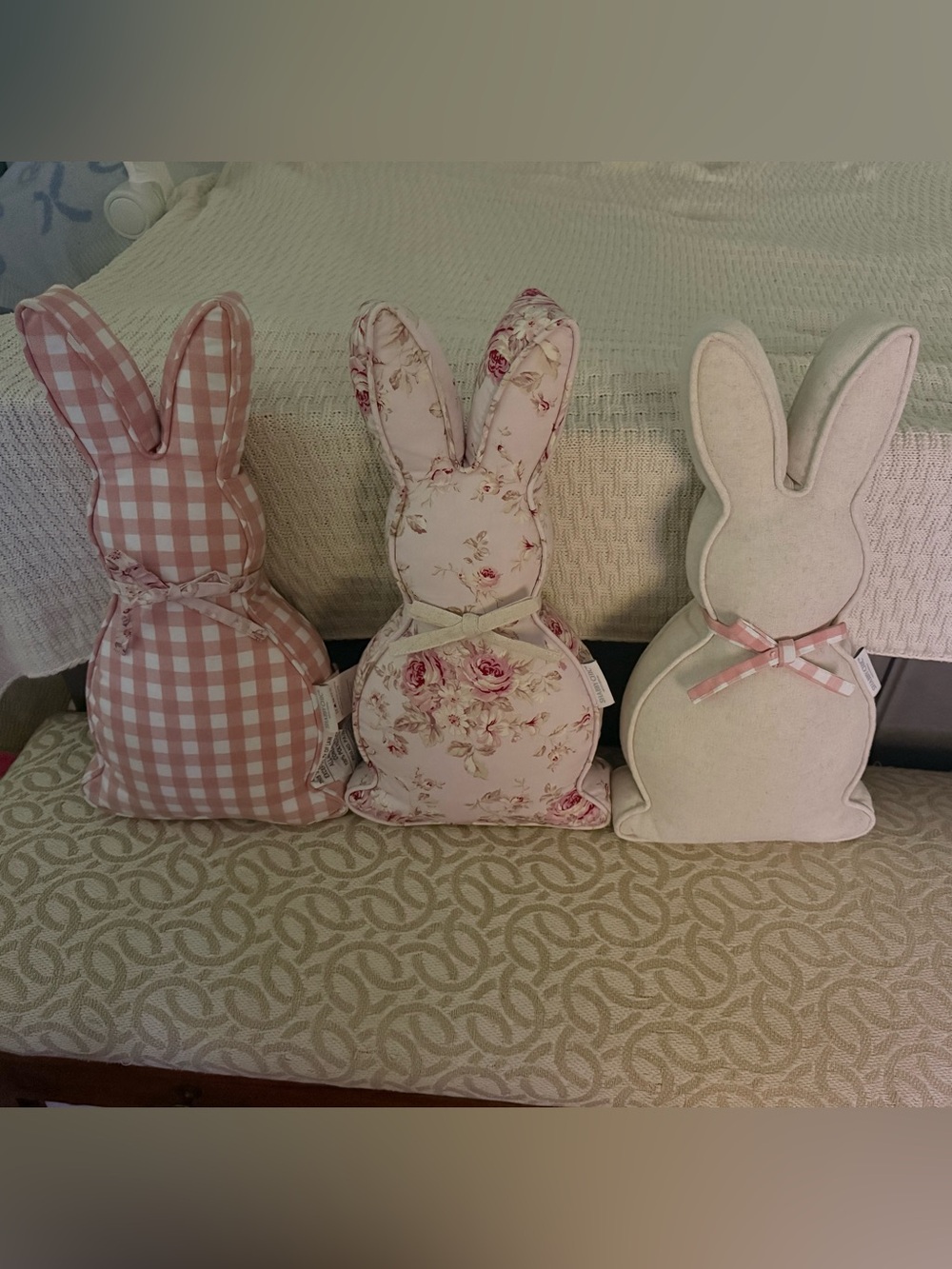 Shabby Chic Pink Floral and Gingham Bunny Accent Pillows